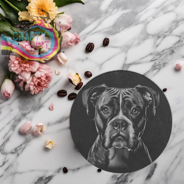 Boxer Dog Engraved Slate Coaster - Round