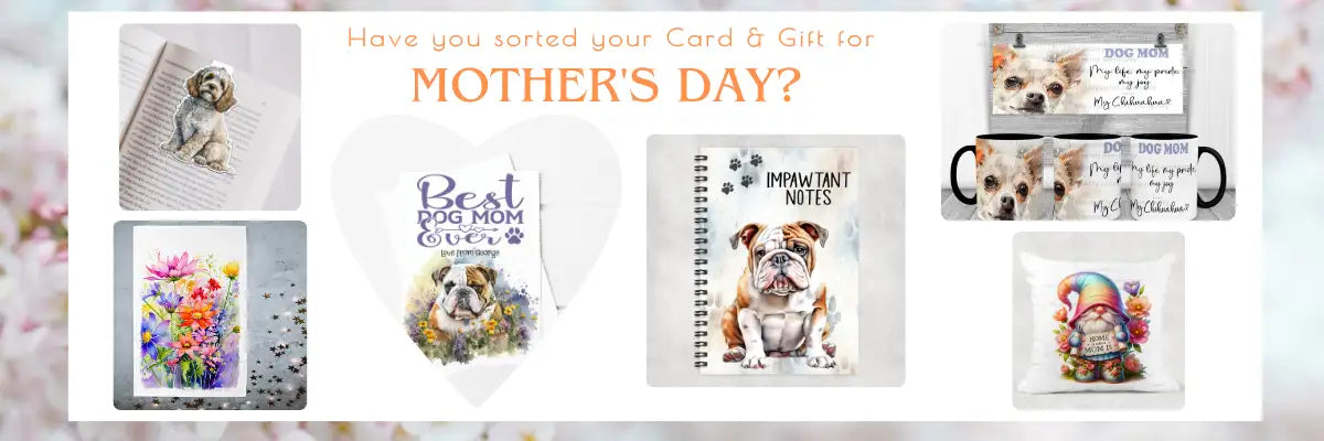 Mother’s day-themed gift set featuring a heart-shaped ’best dog mom ever’ ornament, a bulldog-patterned spiral notebook labeled “impatient notes,” and matching mugs with dog illustrations.