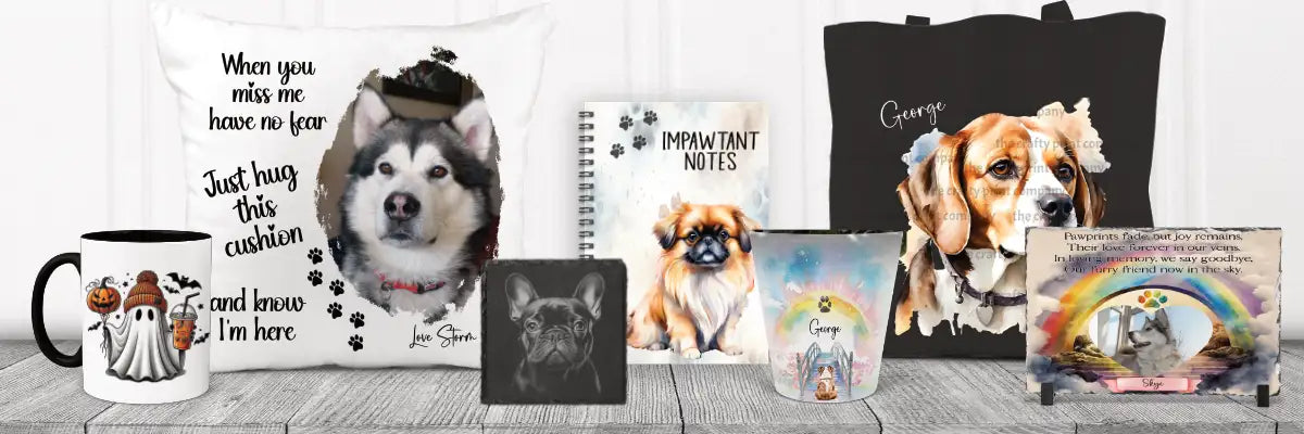 Personalized pet-themed merchandise including a white cushion with an alaskan malamute portrait, black tote bag featuring a beagle, and various mugs, notebooks, and framed prints.