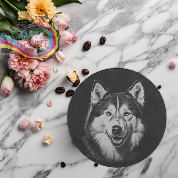 Siberian Husky Engraved Slate Coaster - Round / V2
