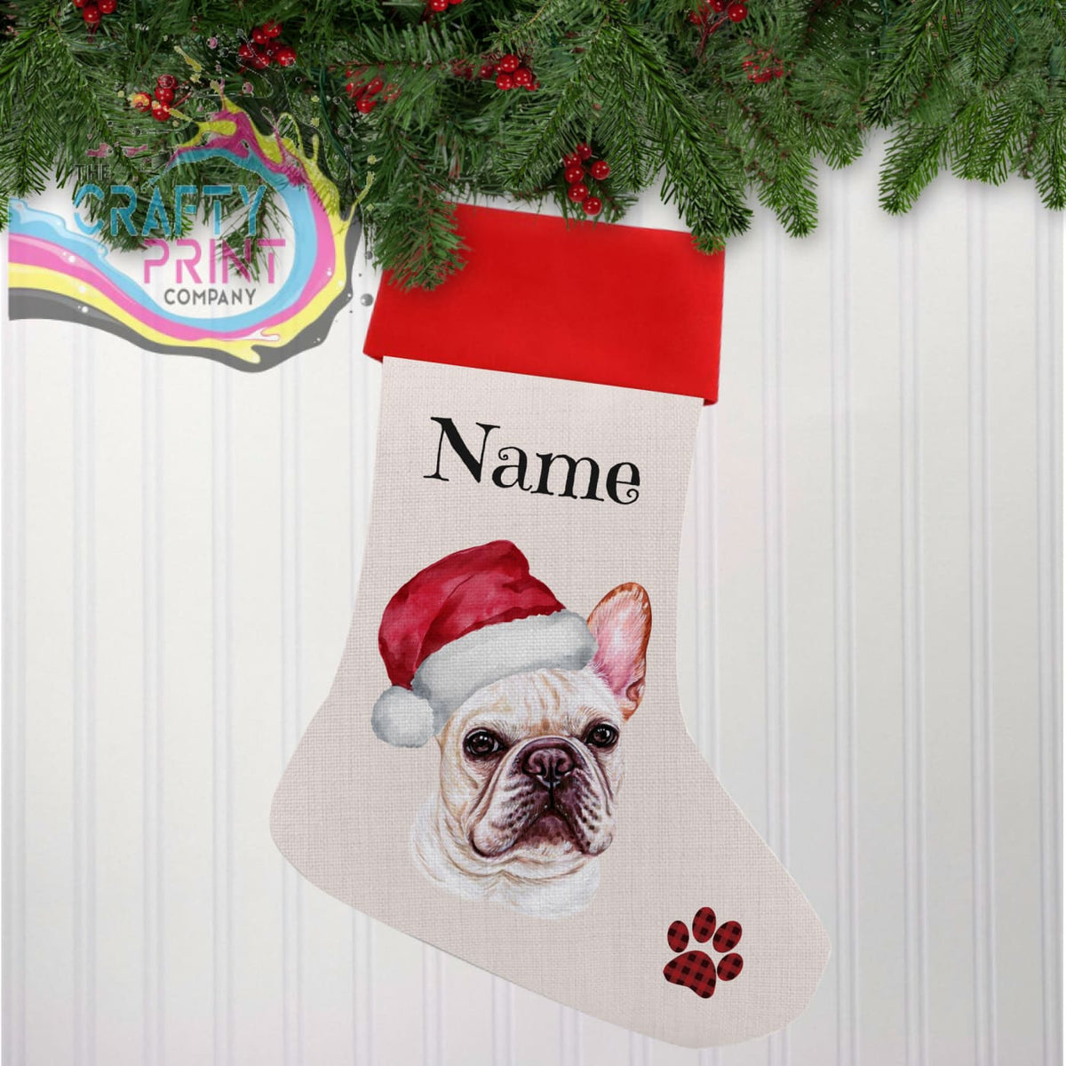 French Bulldog Personalised Linen Christmas Stocking The Crafty Print