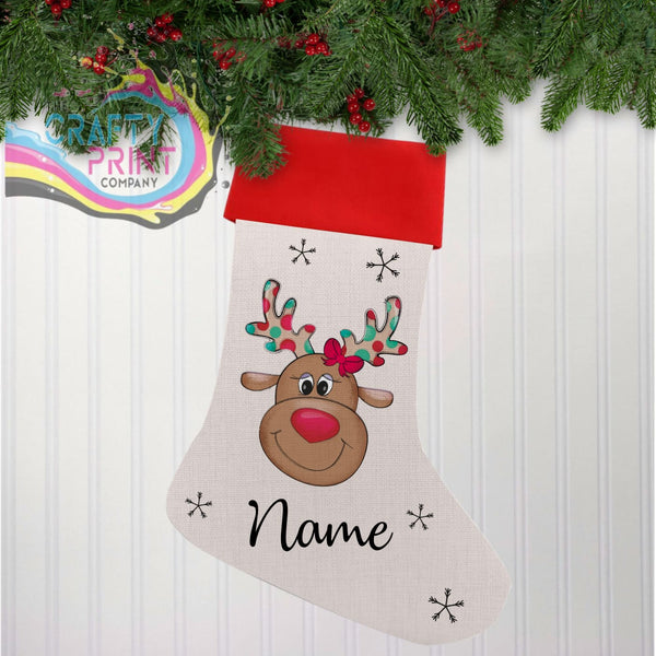 Reindeer Personalised Linen Christmas Stocking - Girl -