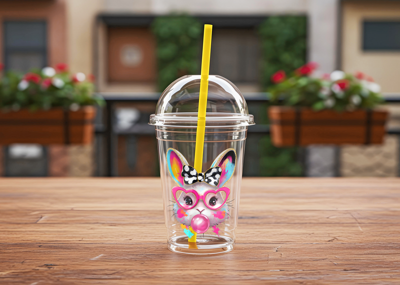 UV DTF Sticker of rabbit face on a plastic cup with straw