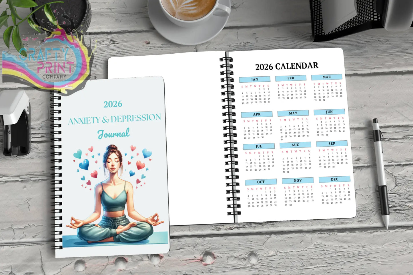 2026 anxiety and depression journal with spiral binding and illustrated meditation cover for mental wellbeing and mood tracking