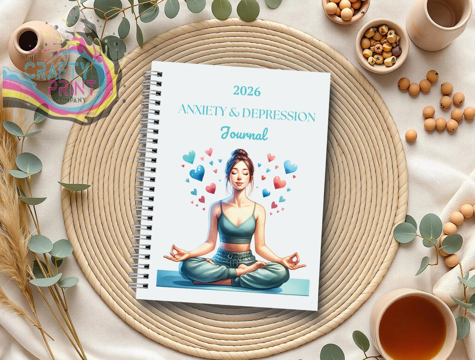 2026 anxiety and depression journal with spiral binding and meditation illustration for mental wellbeing tracking