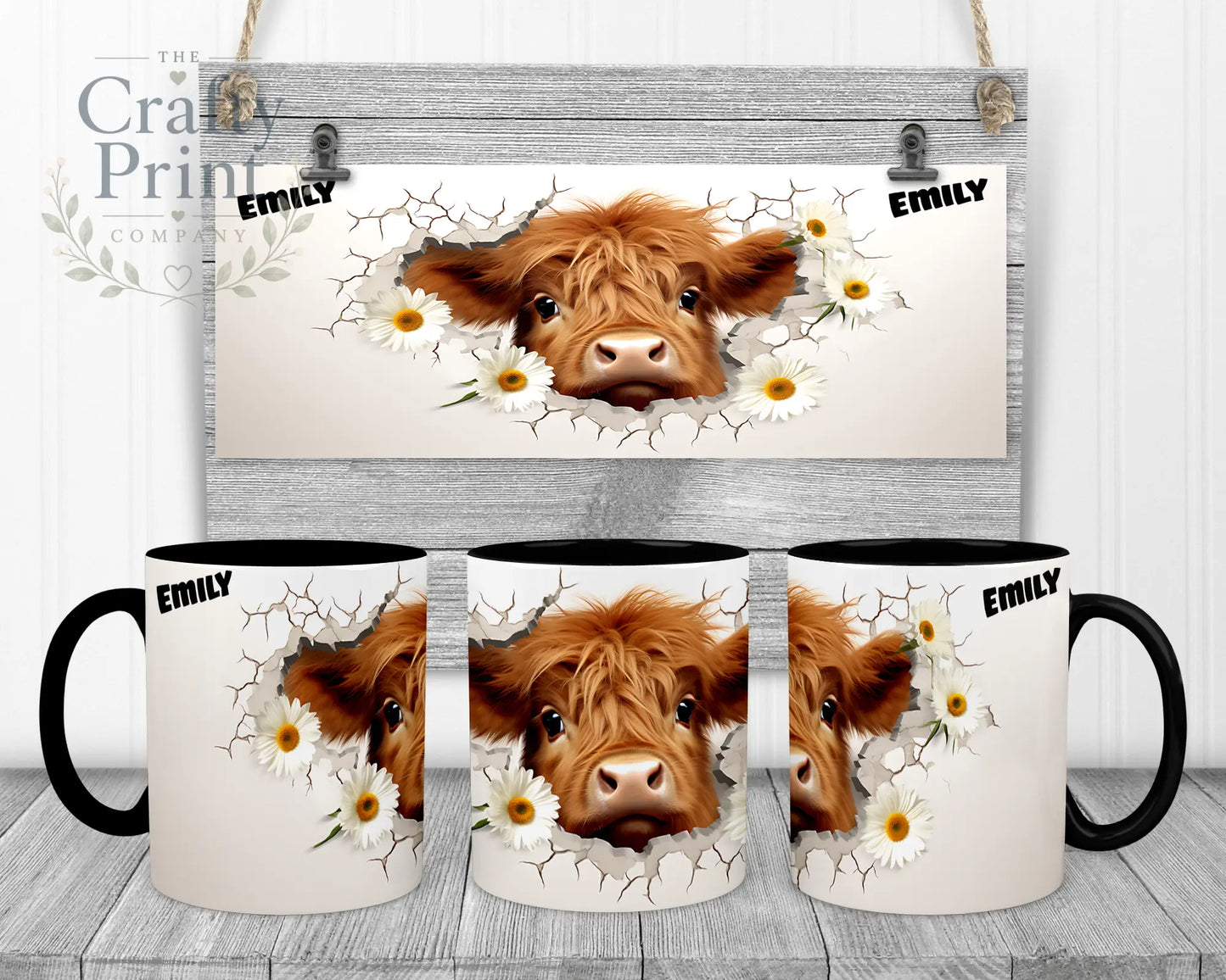 3D Highland Cow Mug - 11oz Ceramic / Black Handle & Inner