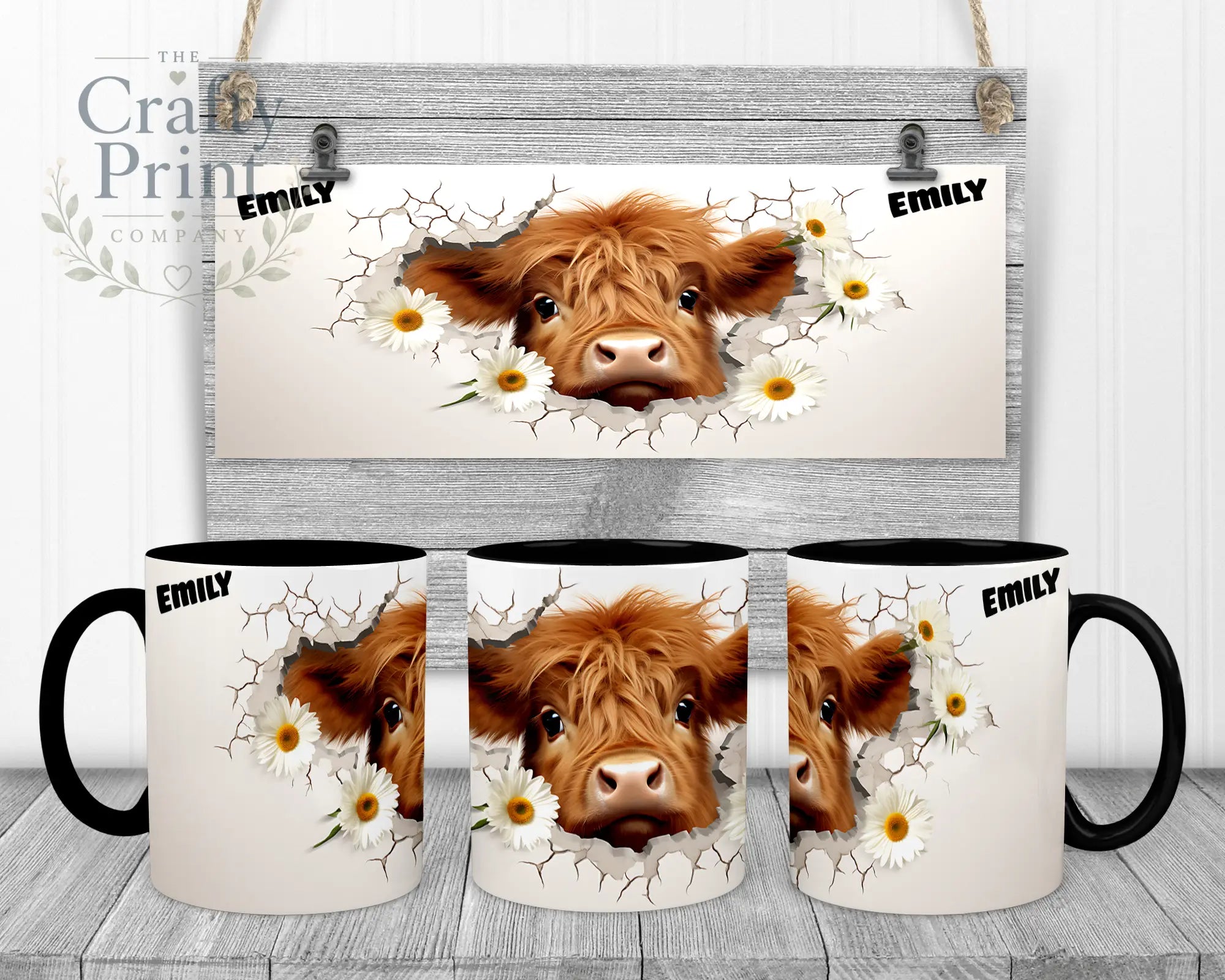 3D Highland Cow Mug - 11oz Ceramic / Black Handle & Inner