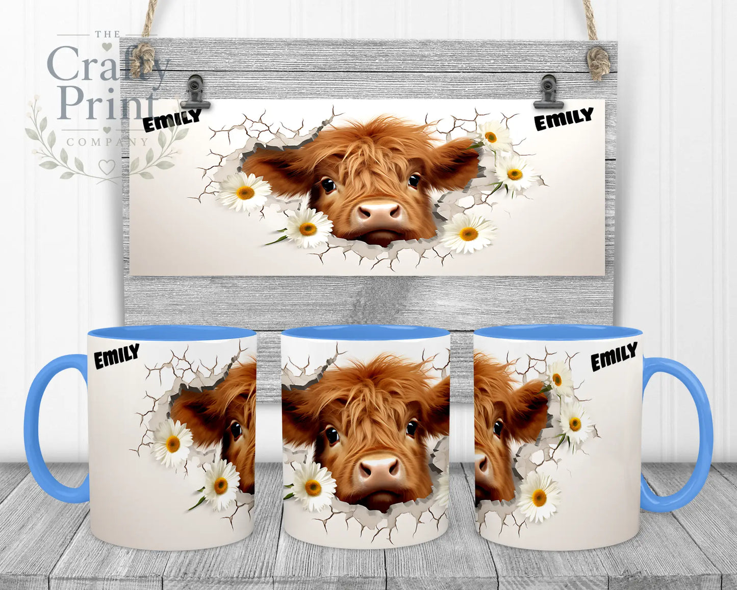 3D Highland Cow Mug - 11oz Ceramic / Blue Handle & Inner