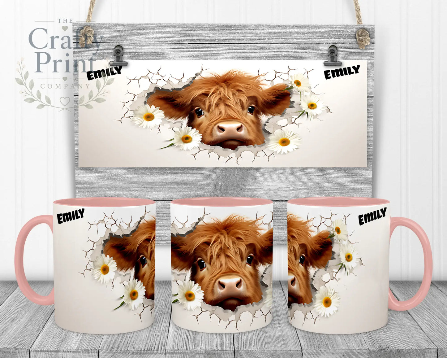 3D Highland Cow Mug - 11oz Ceramic / Pink Handle & Inner