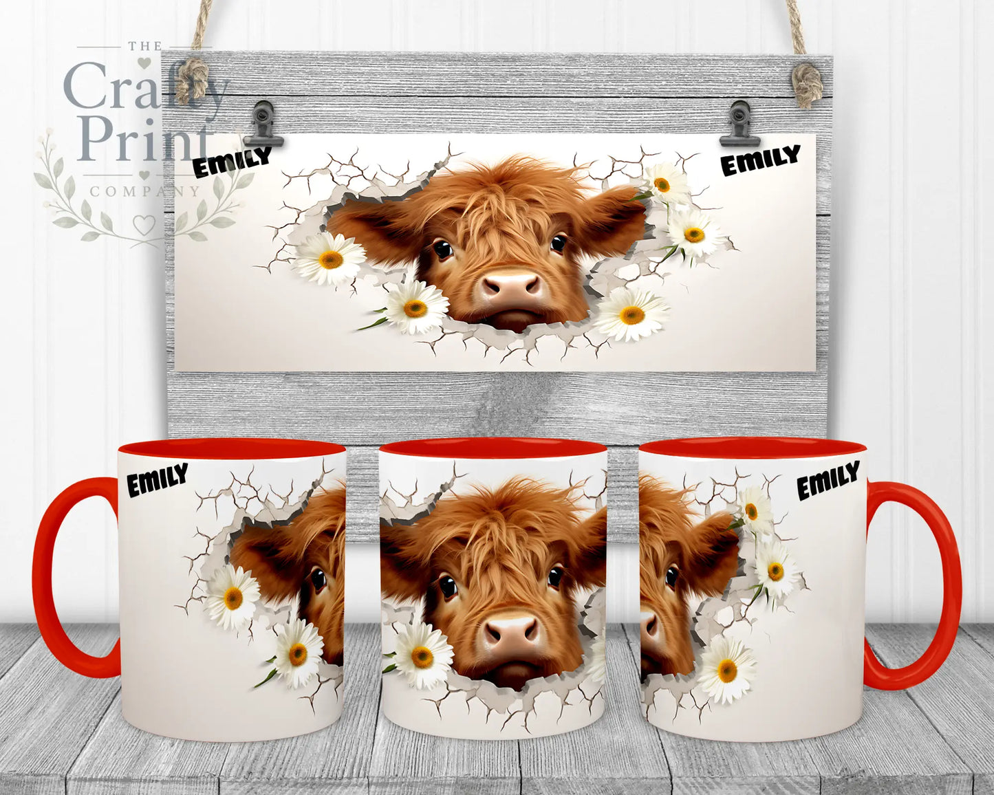 3D Highland Cow Mug - 11oz Ceramic / Red Handle & Inner