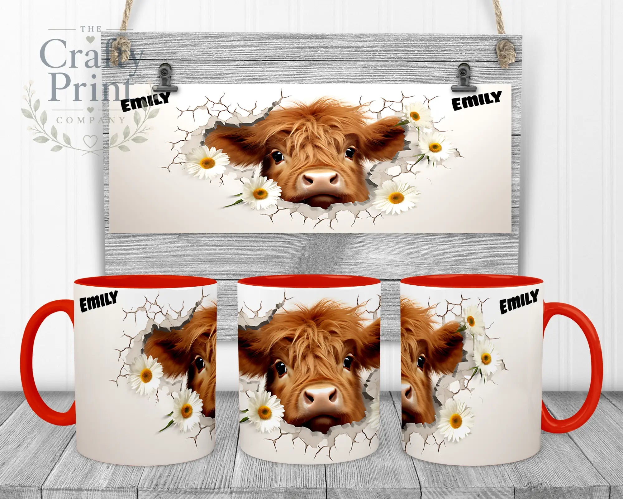 3D Highland Cow Mug - 11oz Ceramic / Red Handle & Inner