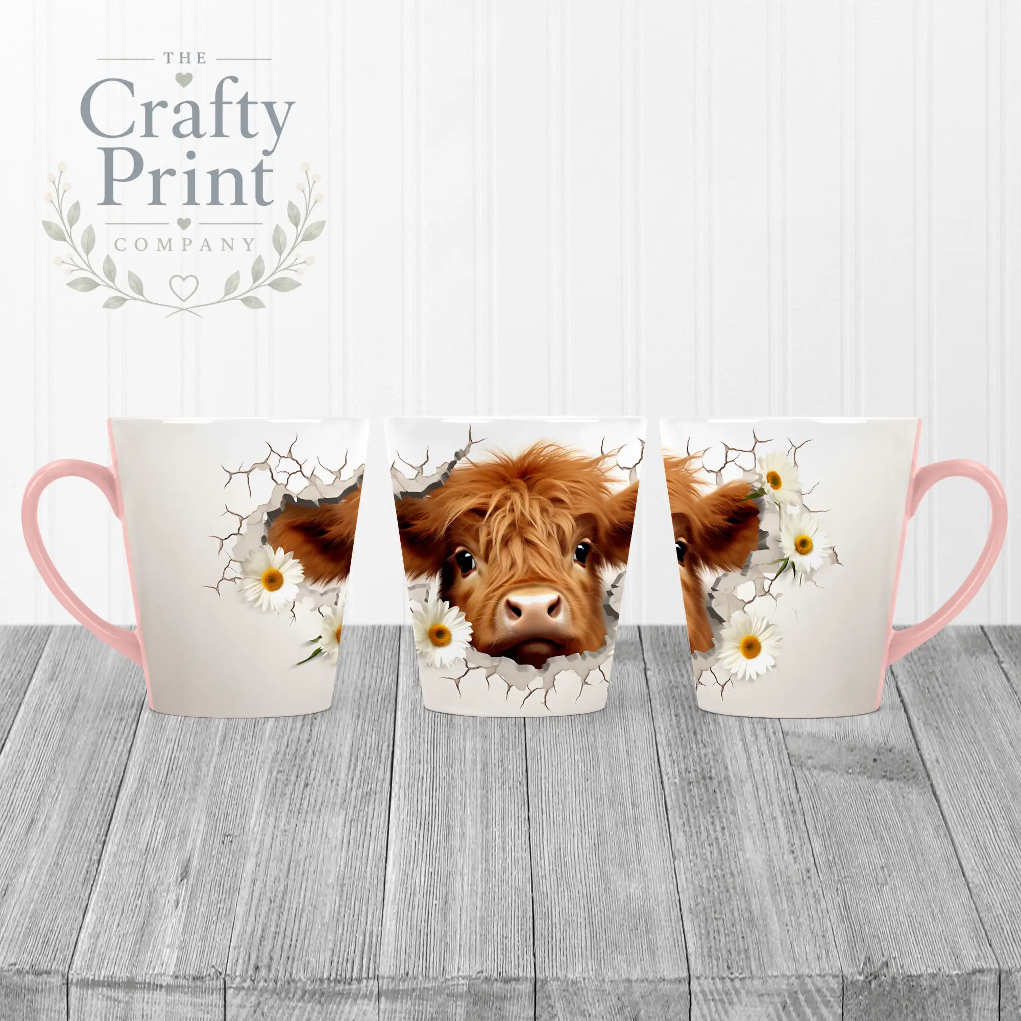 3D Highland Cow Mug - 12oz Latte / Pink Handle & Inner
