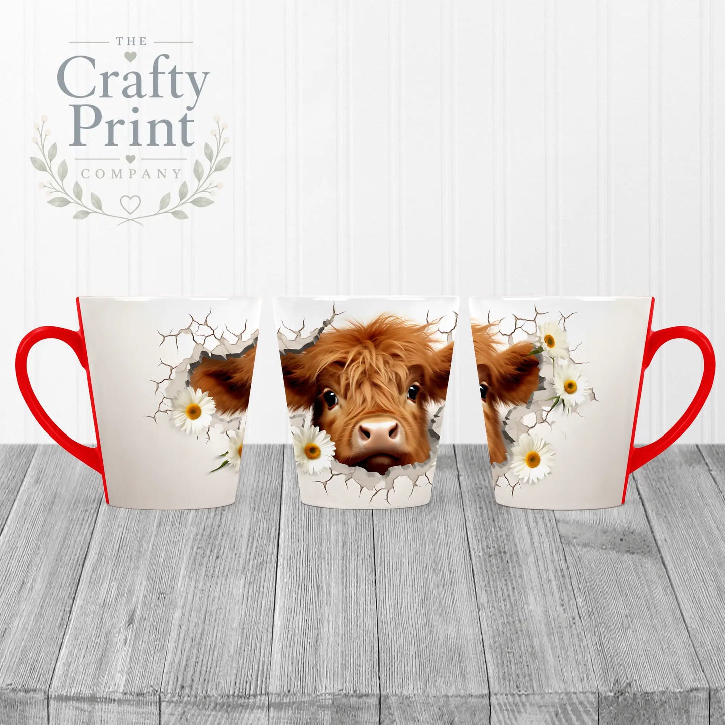 3D Highland Cow Mug - 12oz Latte / Red Handle & Inner - Mugs