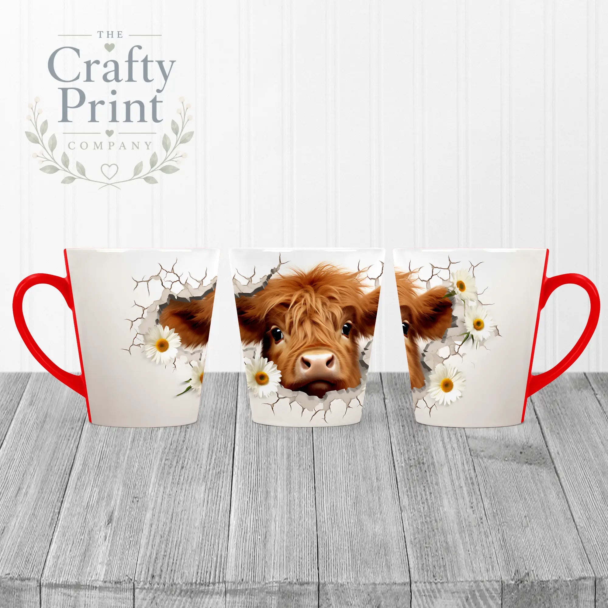 3D Highland Cow Mug - 12oz Latte / Red Handle & Inner - Mugs