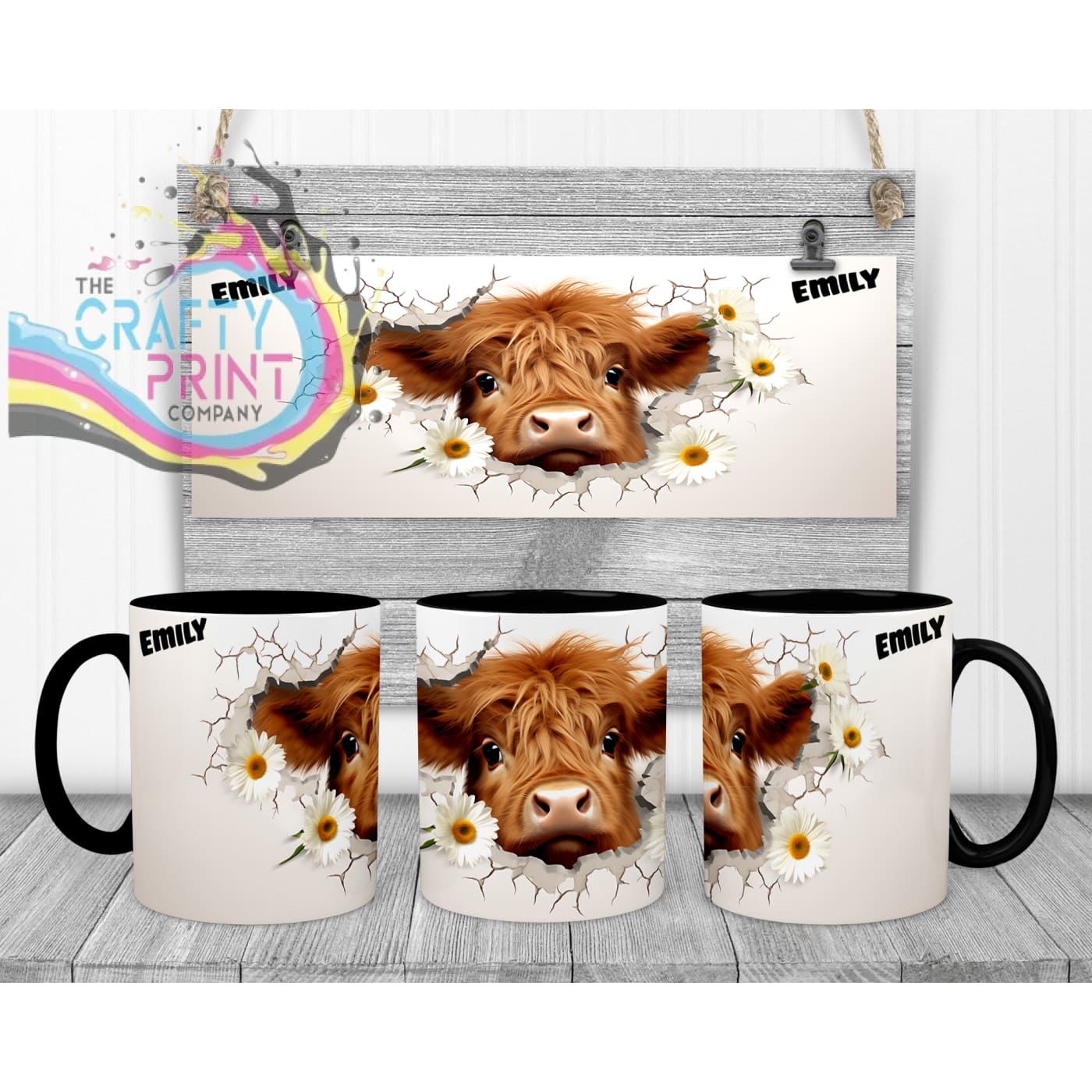 3D Highland Cow Mug - 11oz Ceramic / Black Handle & Inner