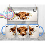 3D Highland Cow Mug - 11oz Ceramic / Blue Handle & Inner