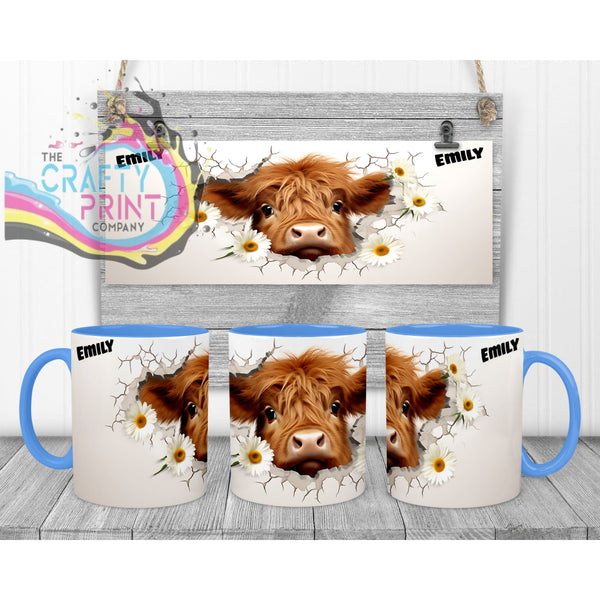 3D Highland Cow Mug - 11oz Ceramic / Blue Handle & Inner