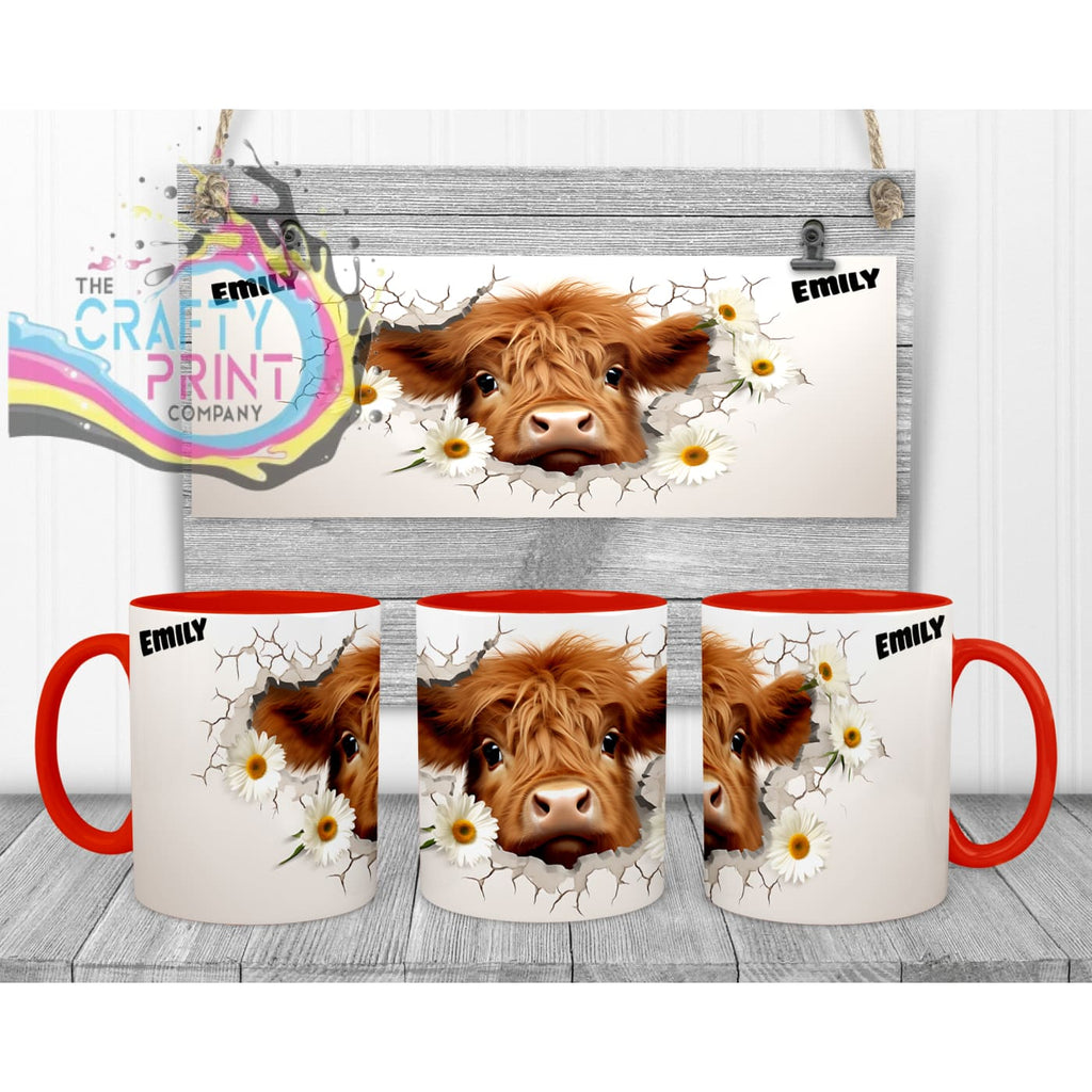 3D Highland Cow Mug - 11oz Ceramic / Red Handle & Inner