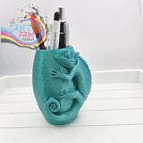 Teal-colored 3d printed chameleon pen pot with detailed scales and curled tail colorful desk organizer