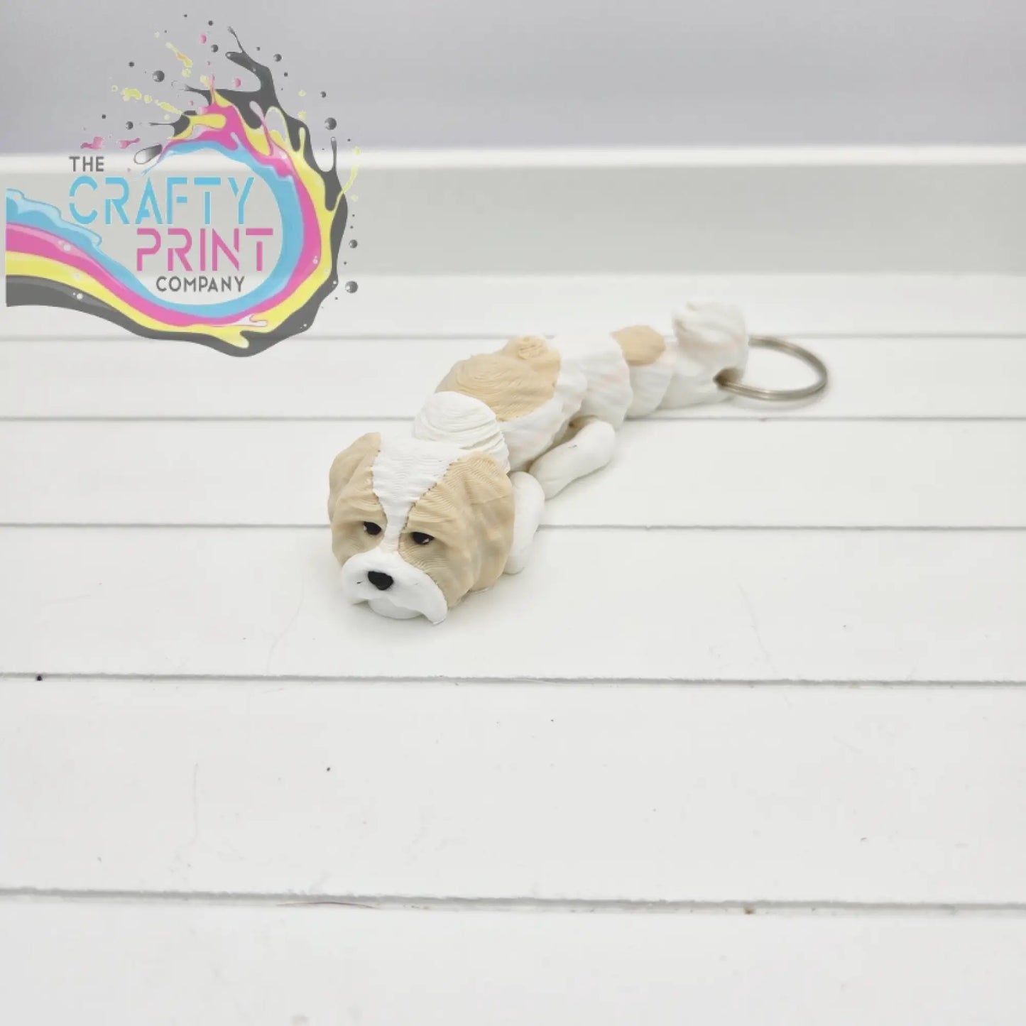 Cute beige and white 3d printed shih tzu dog articulated flexi keychain with silver ring for fidget use