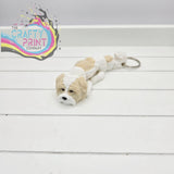 Cute beige and white 3d printed shih tzu dog articulated flexi keychain with silver ring for fidget use