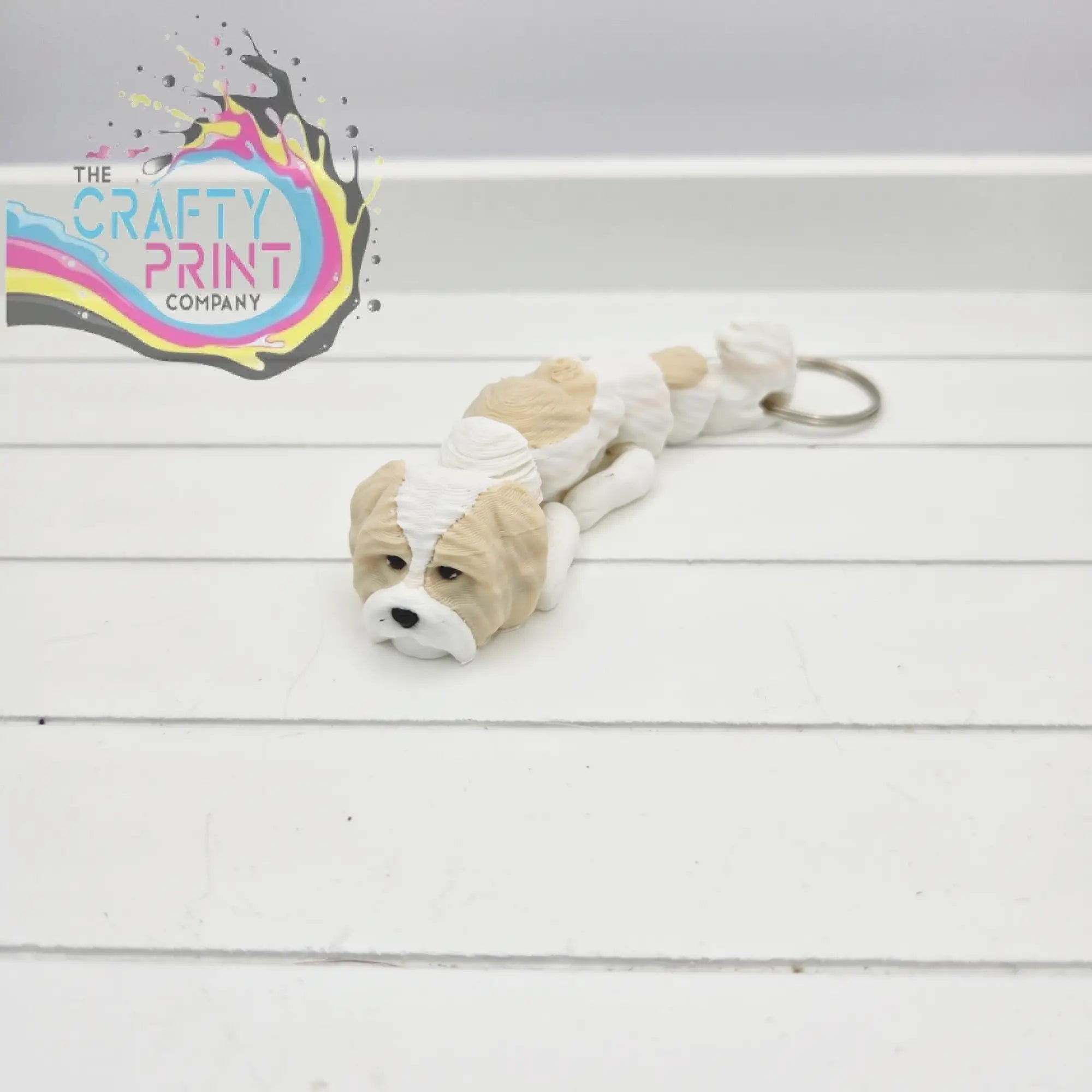 Cute beige and white 3d printed shih tzu dog articulated flexi keychain with silver ring for fidget use