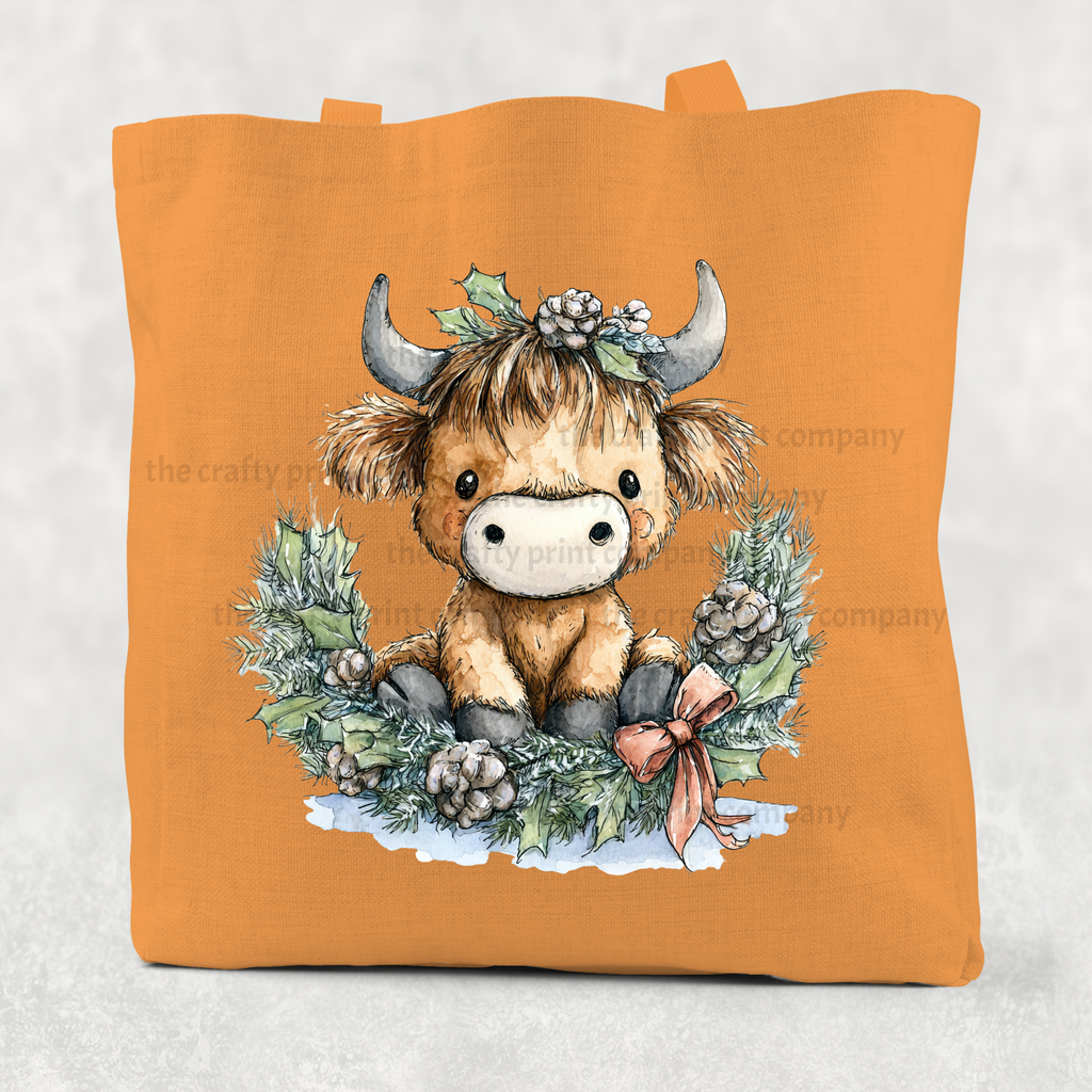 Highland Cow Wreath Cotton Re-usable Tote Bag