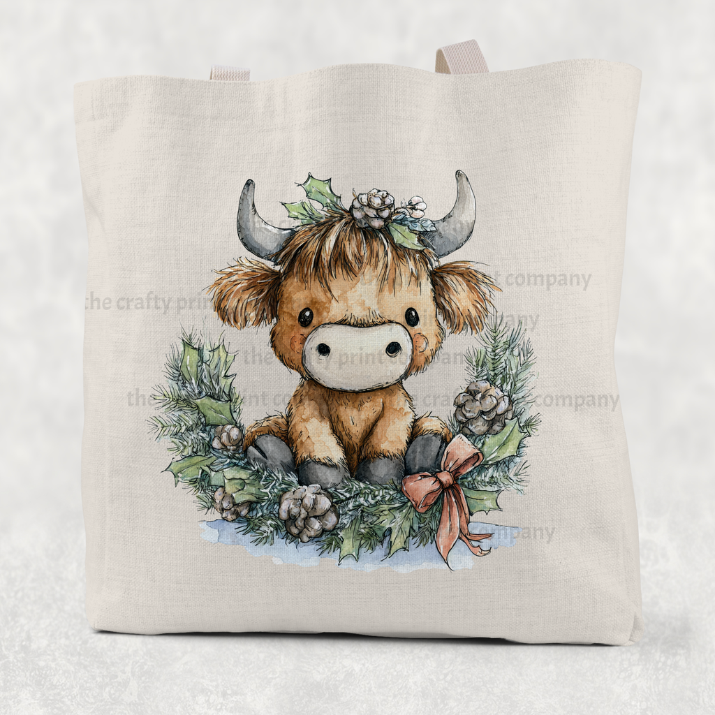 Highland Cow Wreath Cotton Re-usable Tote Bag