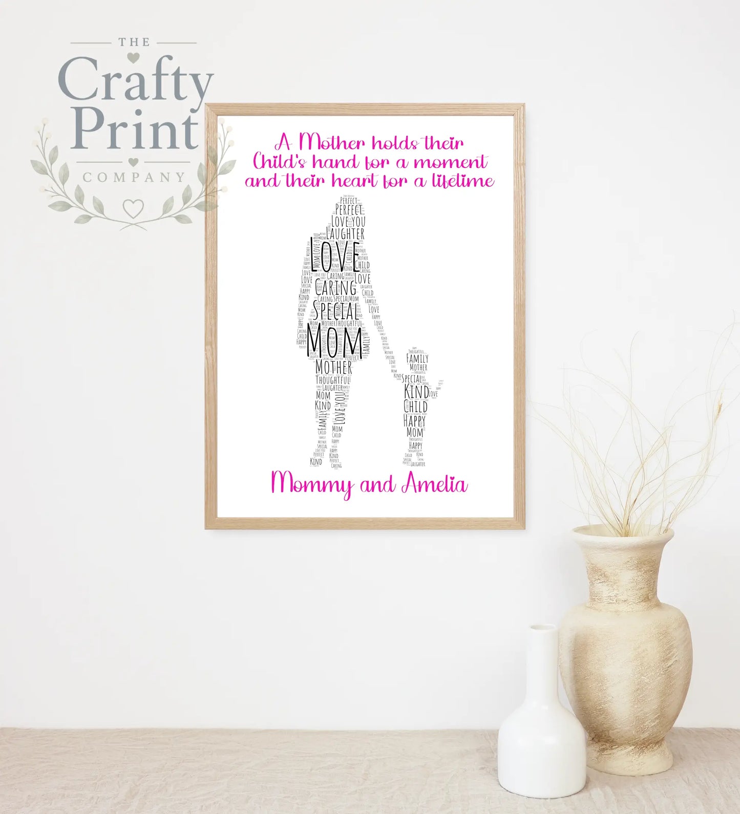 A mother holds their child’s hand Wordart Print - A4 / Pink