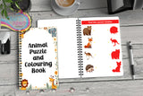 Animal puzzle book for kids a5 spiral-bound activity book with white cover featuring colorful cartoon animals and yellow flowers