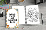 White spiral-bound animal puzzle and coloring activity book with colorful lion elephant giraffe and cow illustrations for kids