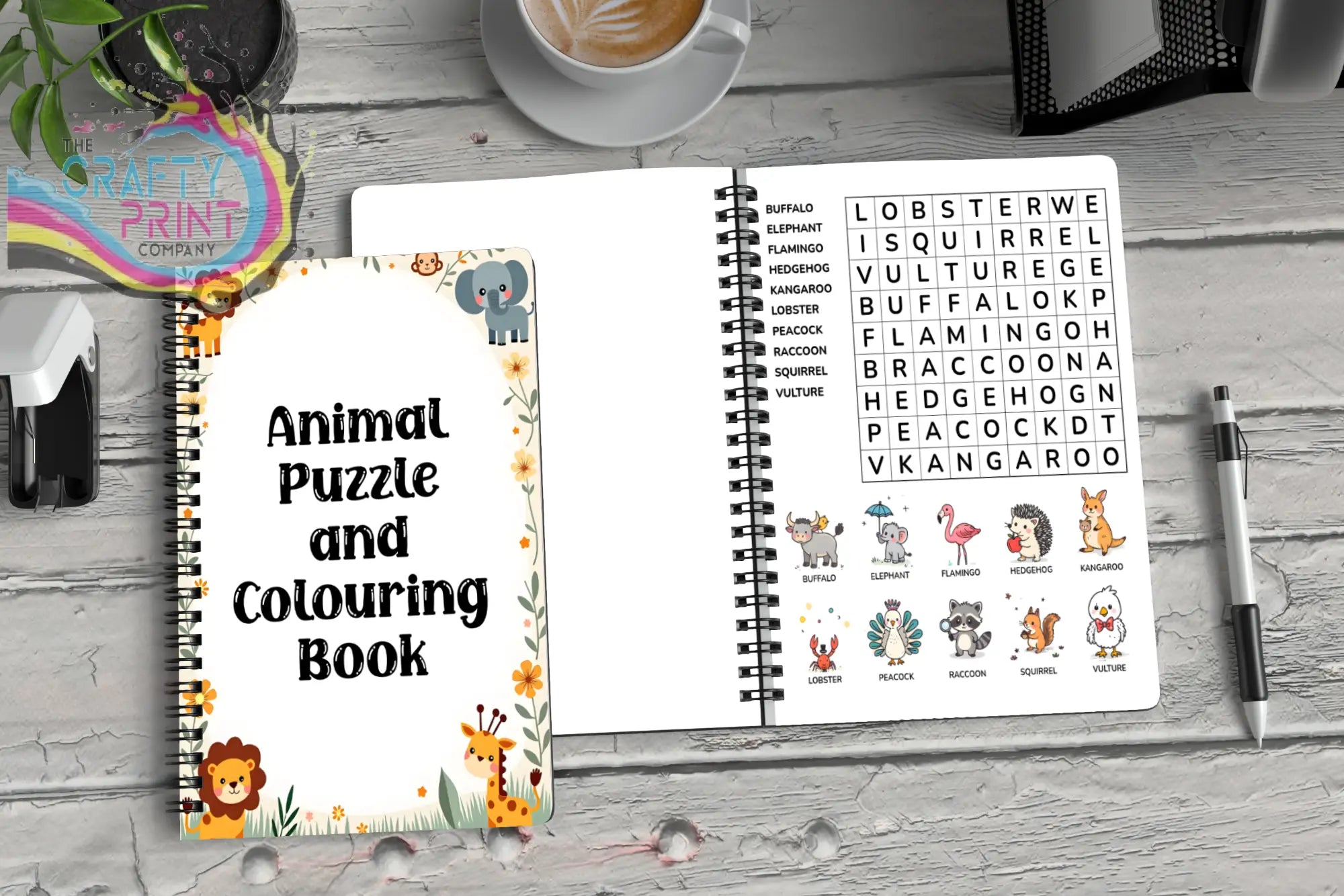 White spiral-bound animal activity book for kids with word search puzzle and coloring pages in a5 size