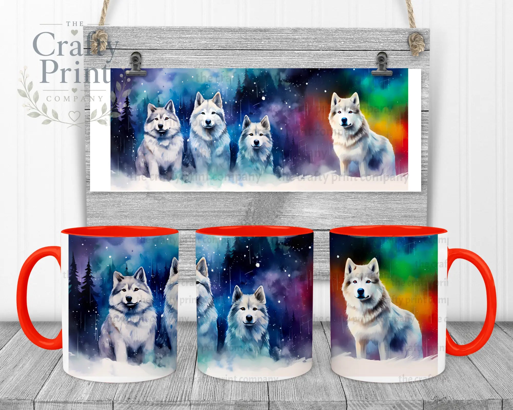 Aurora-Borealis Dog Mug - Red Handle & Inner - Mugs