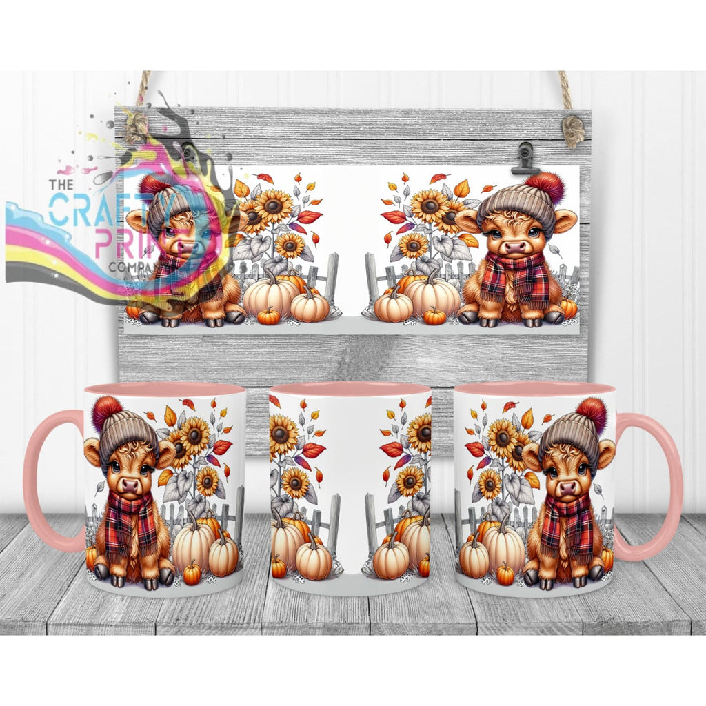 Autumn Highland Cow Mug - 11oz Ceramic / Pink Handle &