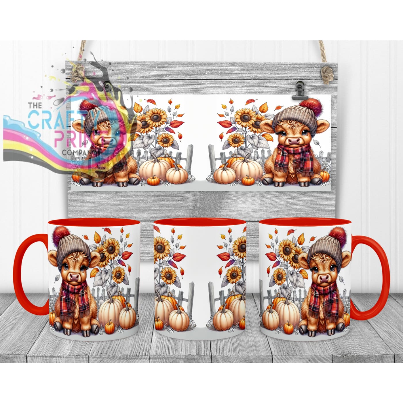 Autumn Highland Cow Mug - 11oz Ceramic / Red Handle & Inner