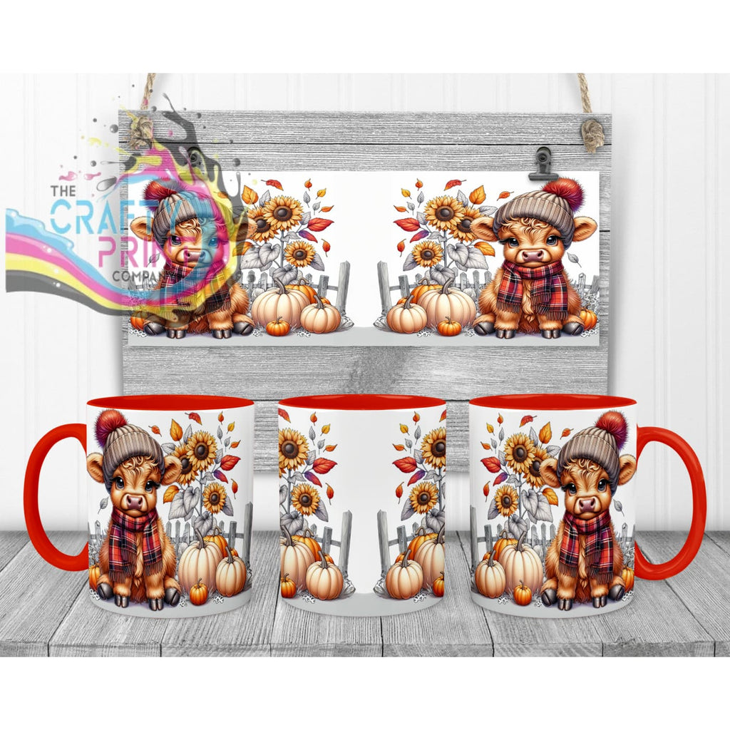 Autumn Highland Cow Mug - 11oz Ceramic / Red Handle & Inner