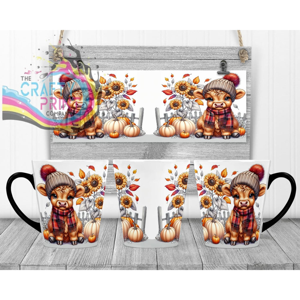 Autumn Highland Cow Mug - 12oz Latte / Black Handle & Inner