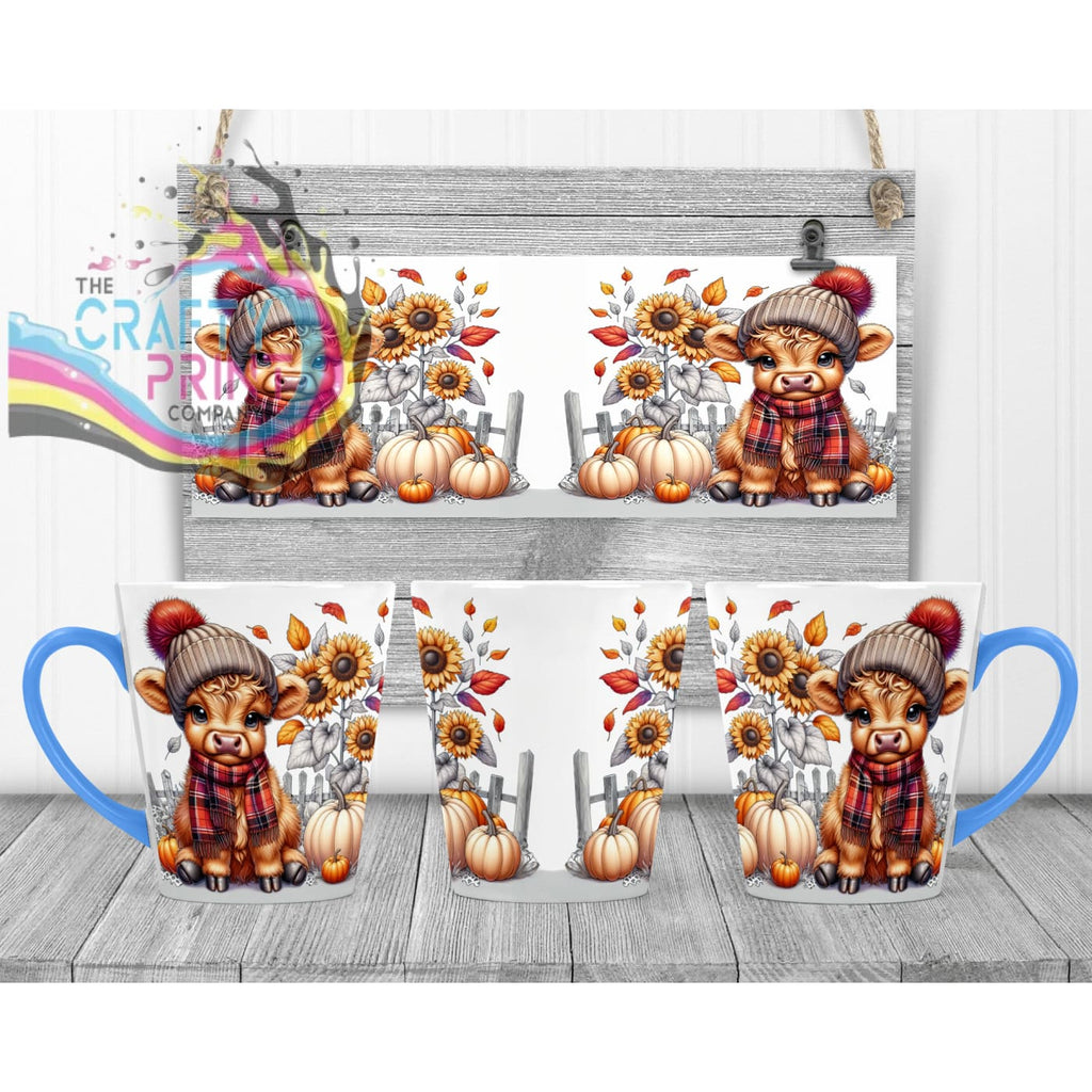 Autumn Highland Cow Mug - 12oz Latte / Blue Handle & Inner