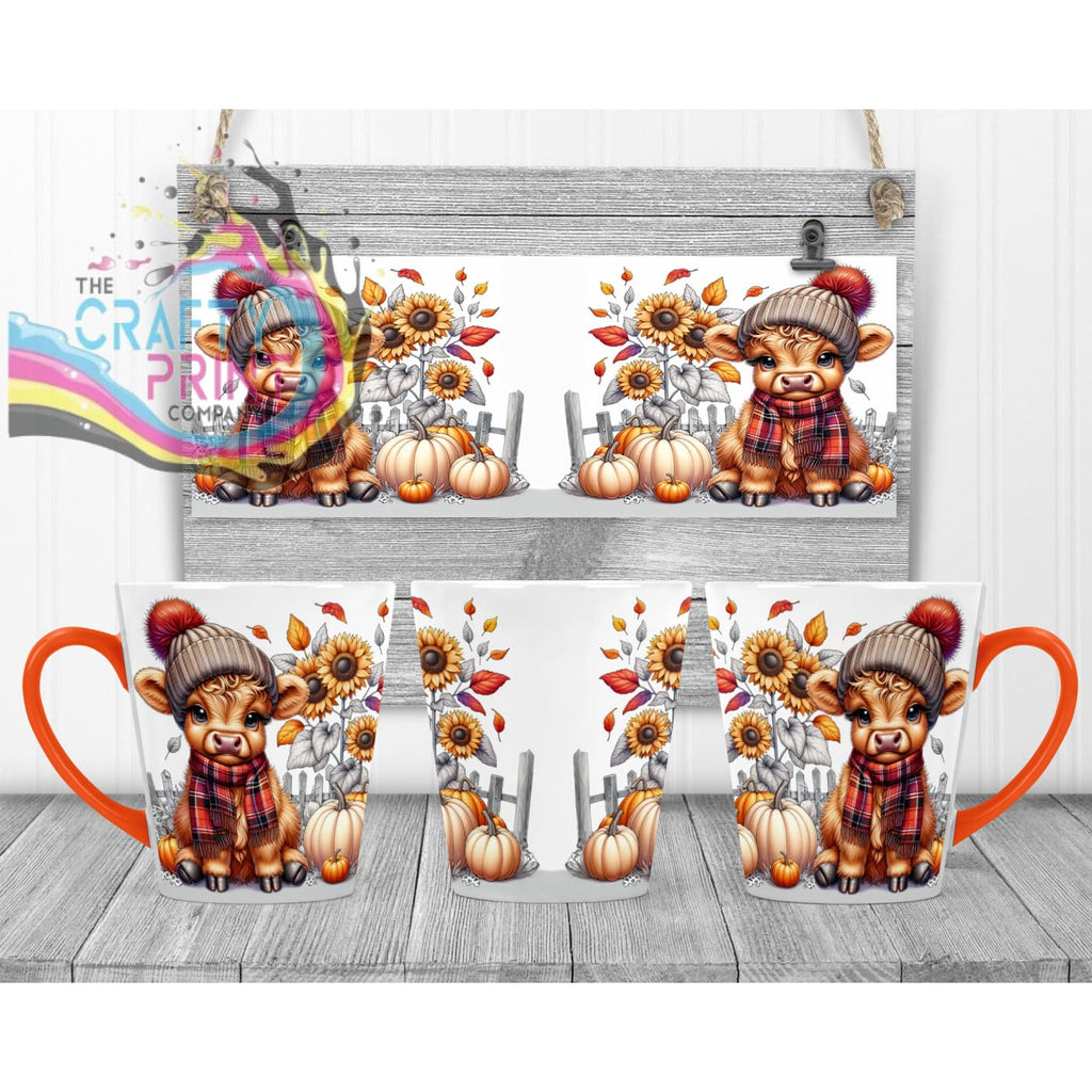 Autumn Highland Cow Mug - 12oz Latte / Orange Handle &