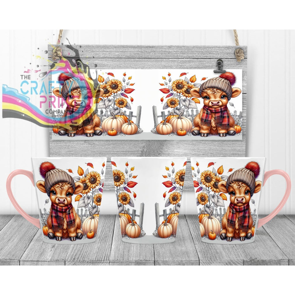 Autumn Highland Cow Mug - 12oz Latte / Pink Handle & Inner