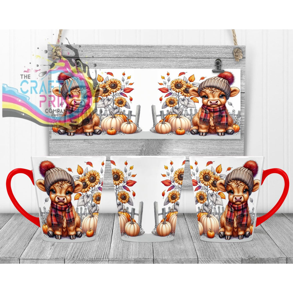 Autumn Highland Cow Mug - 12oz Latte / Red Handle & Inner