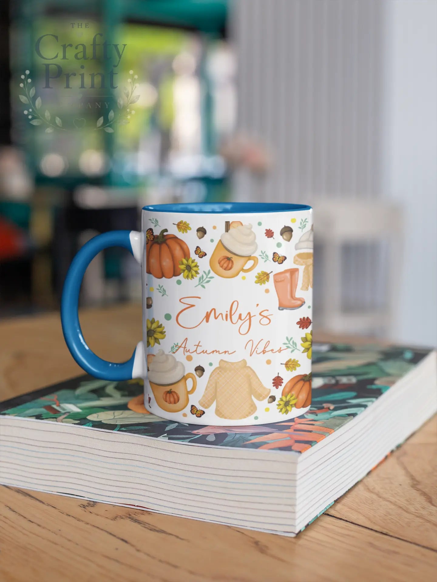 Autumn Vibes Personalised Mug - Blue Handle & Inner - Mugs