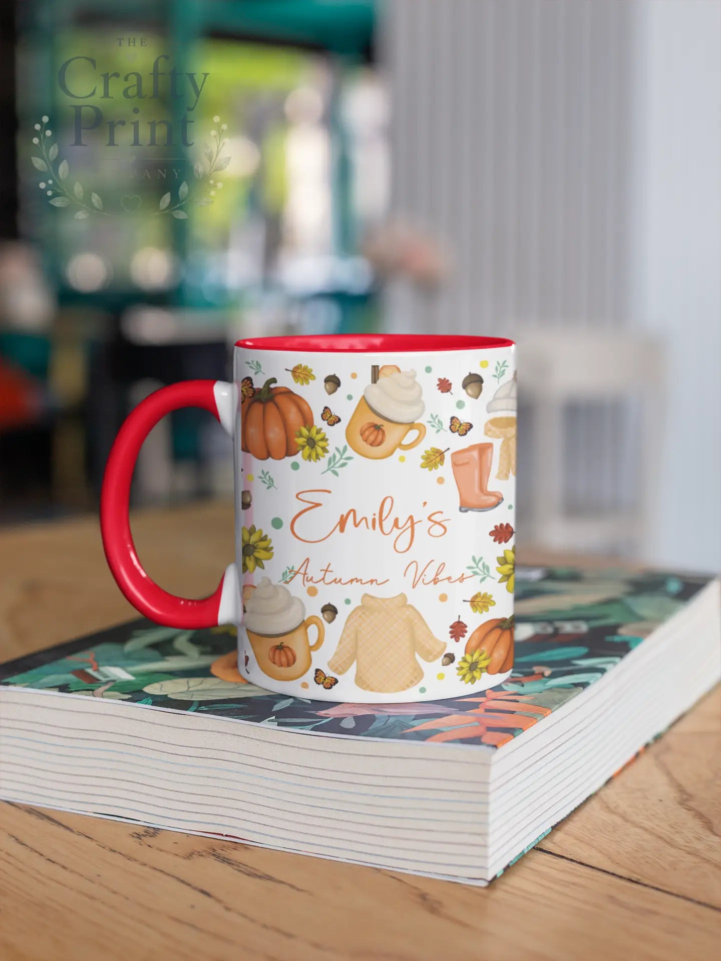 Autumn Vibes Personalised Mug - Red Handle & Inner - Mugs