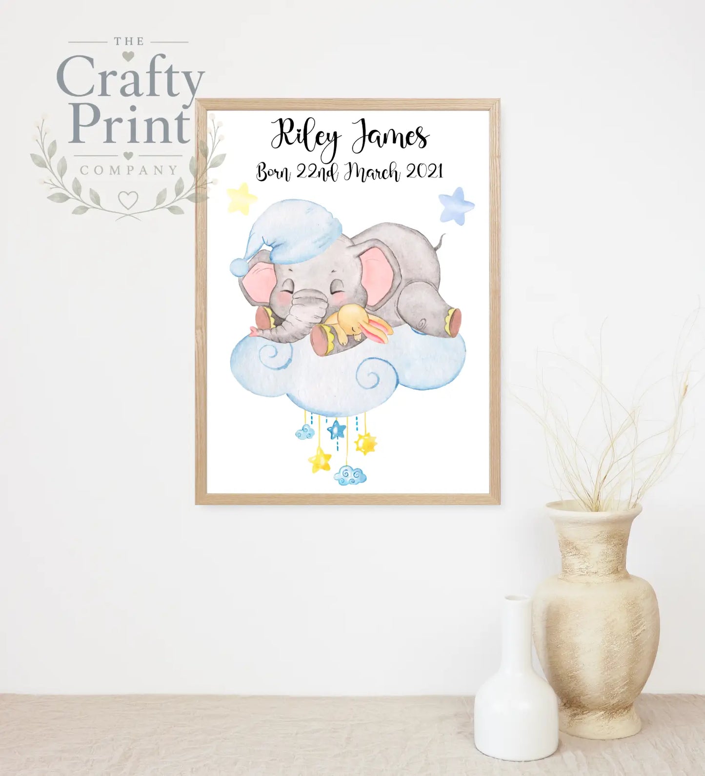 Baby Birth Elephant on Cloud Print - Blue - Posters Prints