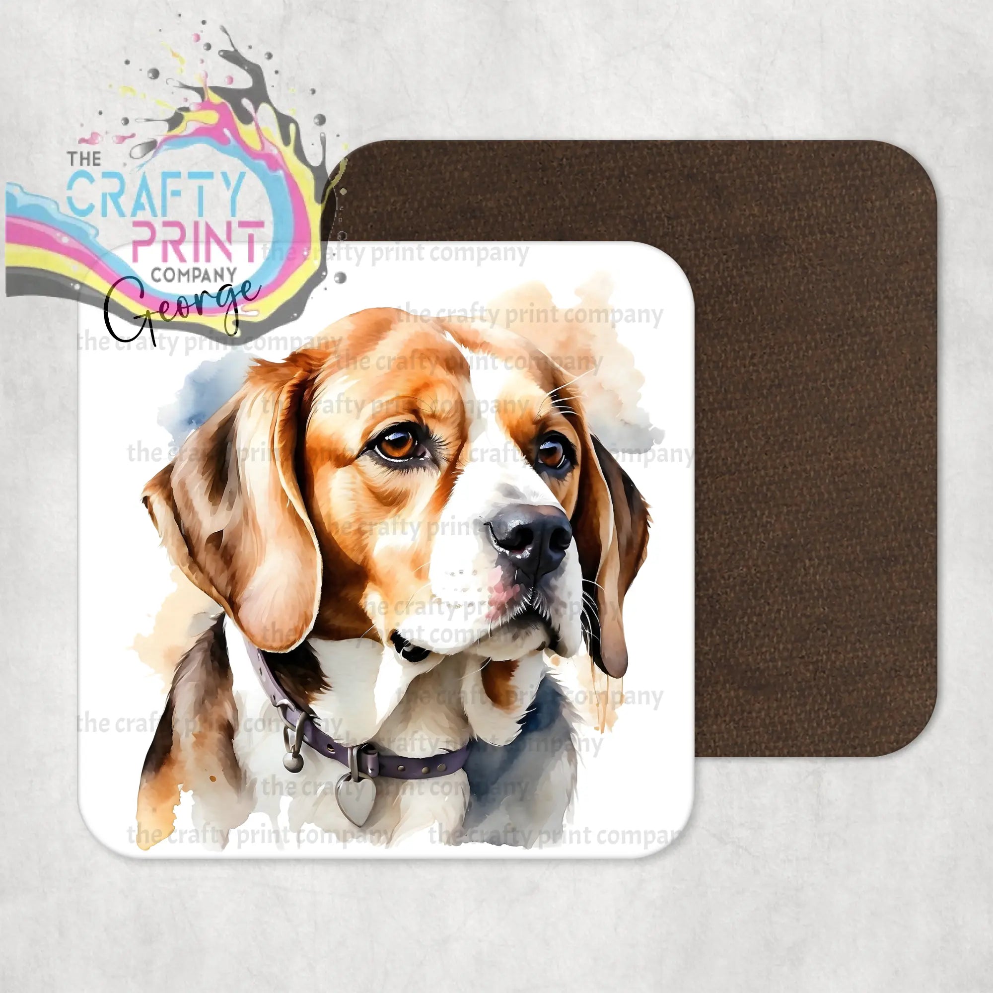 White square beagle coaster with a watercolor illustration of george the brown and white beagle and high gloss finish