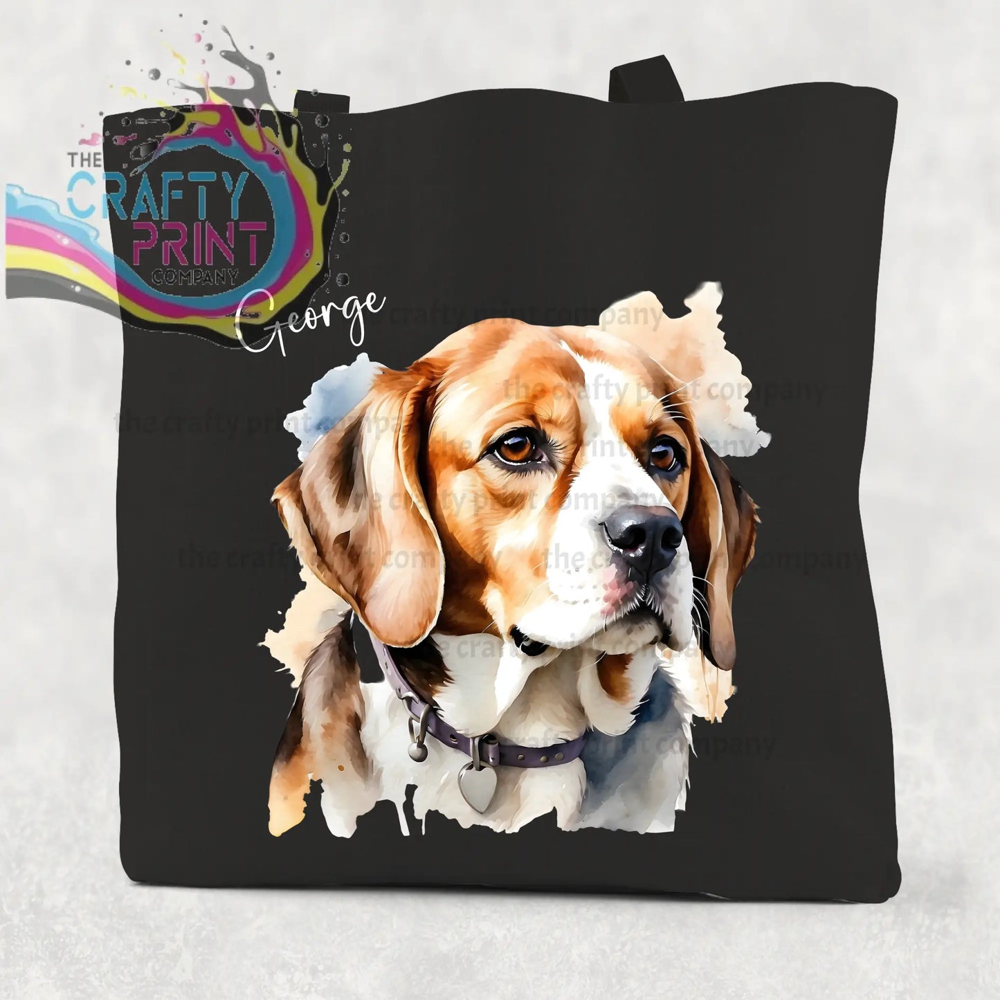 Black canvas beagle watercolour cotton tote bag featuring a tan white and brown beagle watercolor portrait