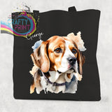 Black canvas beagle watercolour cotton tote bag featuring a tan white and brown beagle watercolor portrait