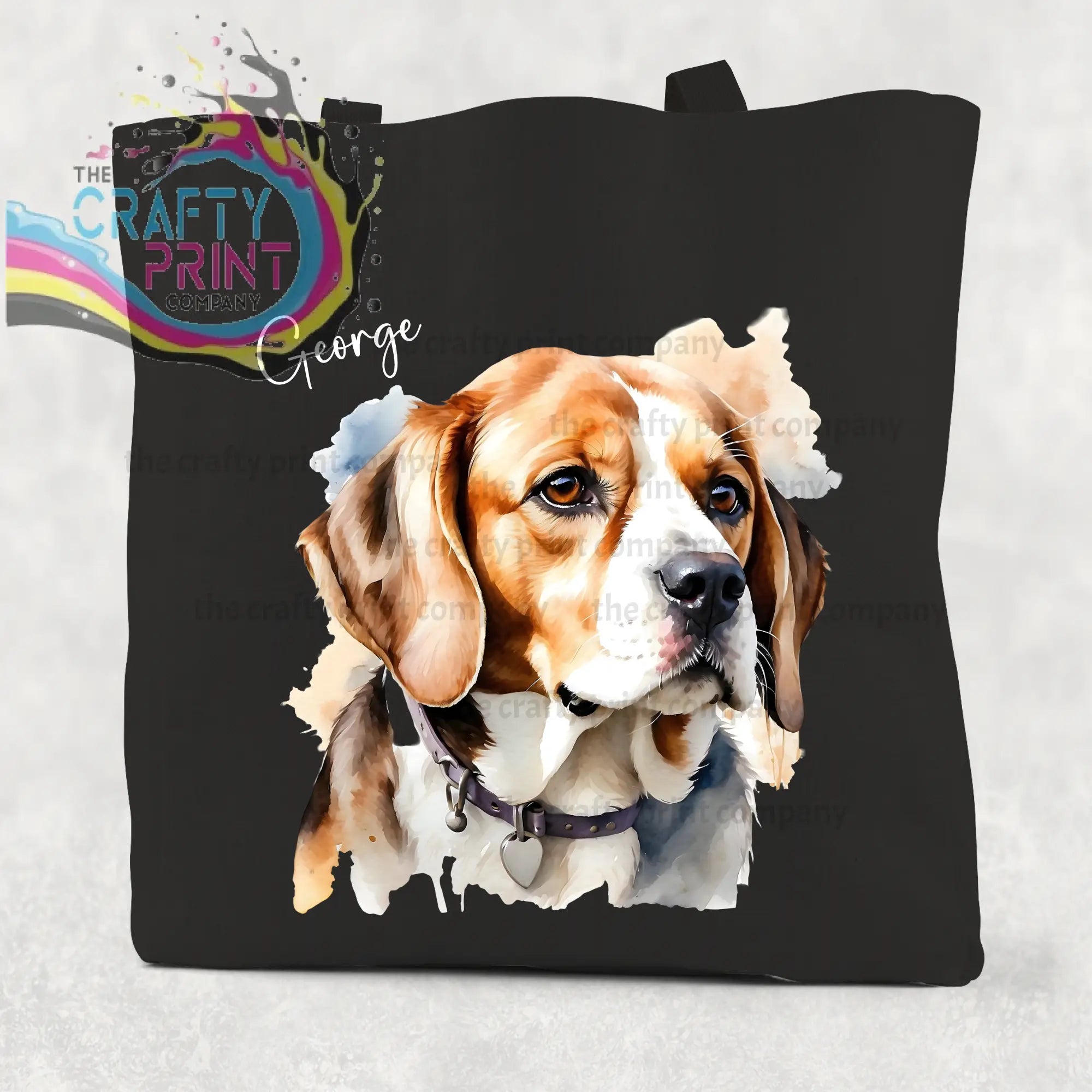 Black canvas beagle watercolour cotton tote bag featuring a tan white and brown beagle watercolor portrait