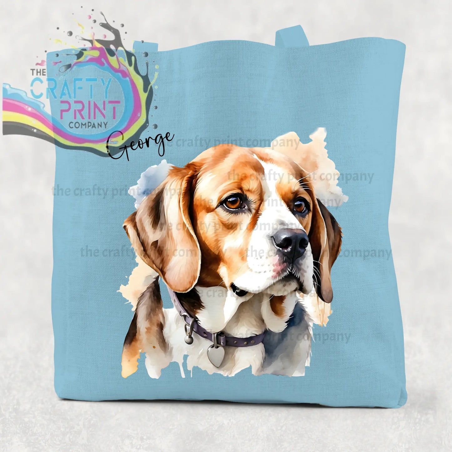 Light blue canvas tote bag featuring a beagle watercolour cotton portrait with brown and white fur and collar