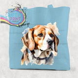 Light blue canvas tote bag featuring a beagle watercolour cotton portrait with brown and white fur and collar